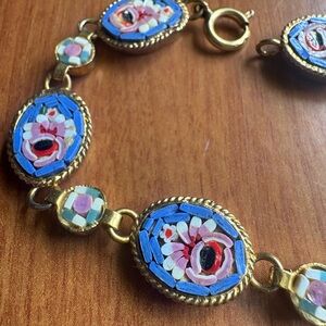 Floral Italian Micro-Mosaic Bracelet in Gold and Blue